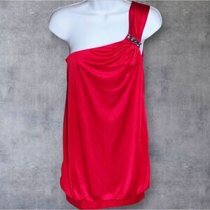 BCBG MaxAzria One Shoulder Satin Red Draped Top Size Small